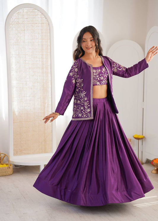 Flared Chinon Silk Lehenga with Thread & Sequin Koti