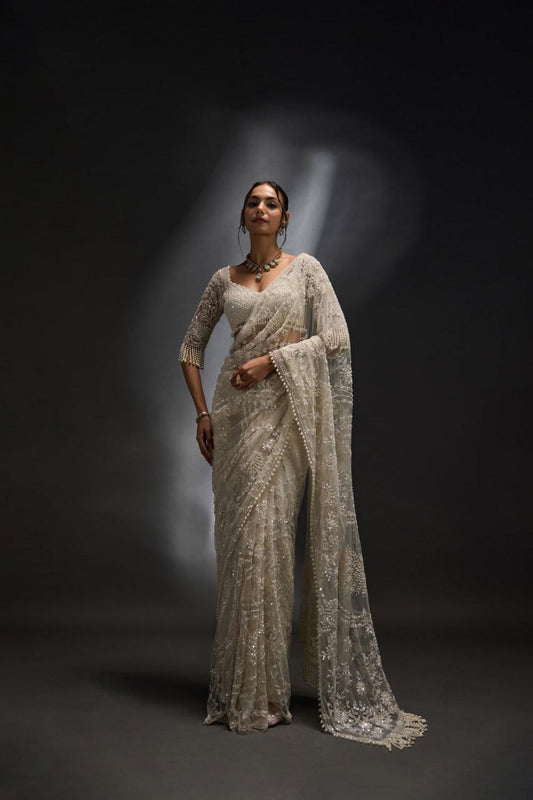 Silver Mono Net Embroidery Sequins Work Saree