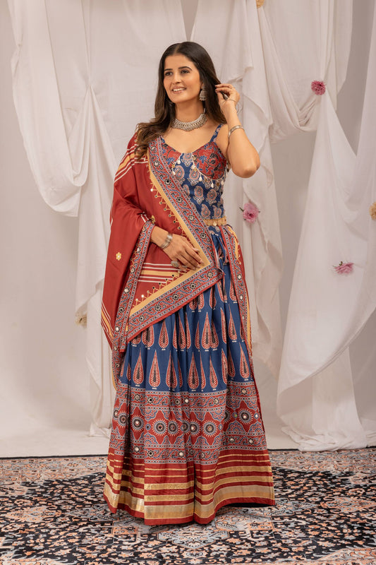 Natural Crepe Digital Ajrakh Printed Lehenga Set