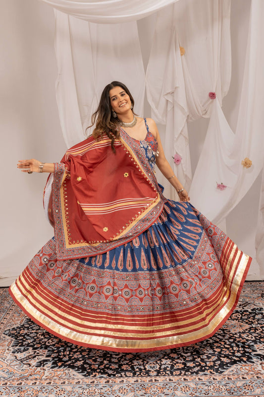 Natural Crepe Digital Ajrakh Printed Lehenga Set