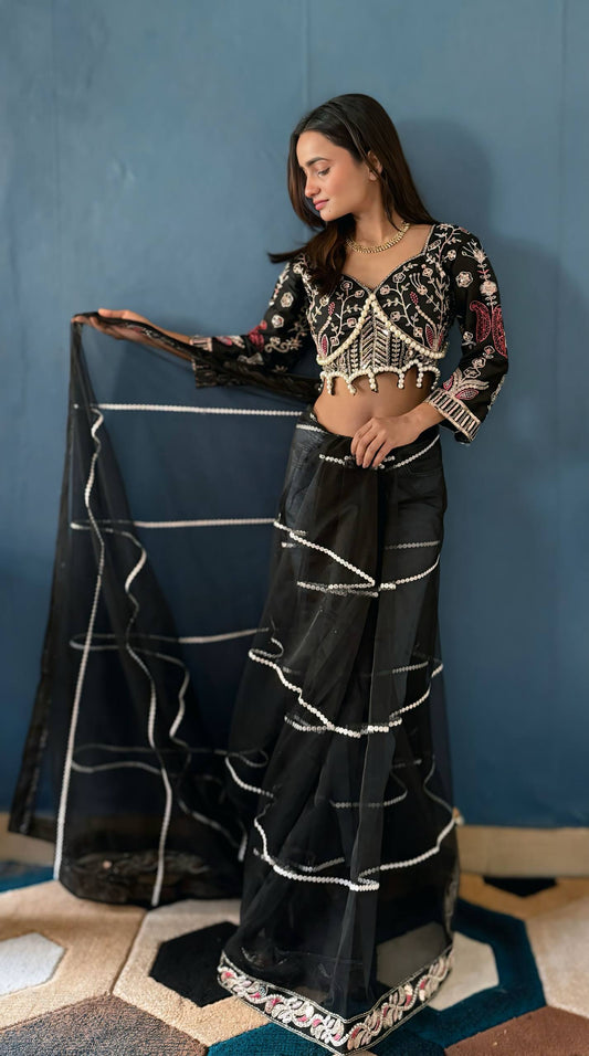 Regal Charm Net Embroidered Saree Pearls Khatli Blouse