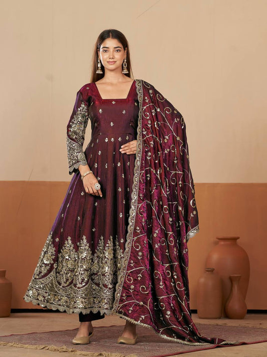 Heavy Jelly Shimmer Silk Embroidered Gown Pant Set