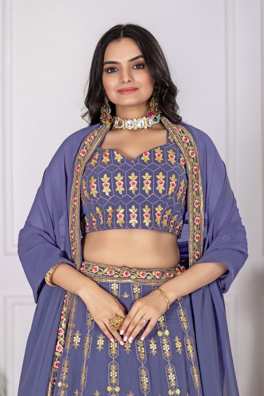 Lavender Georgette Embroidered Lehenga Set with Cancan