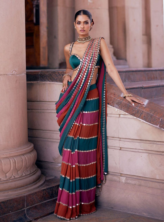 Faux Georgette Patta Lining Real Mirror Saree