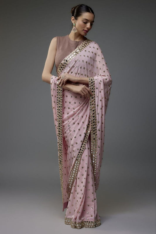 Light Pink Faux Georgette Mirror Sequins Work Saree