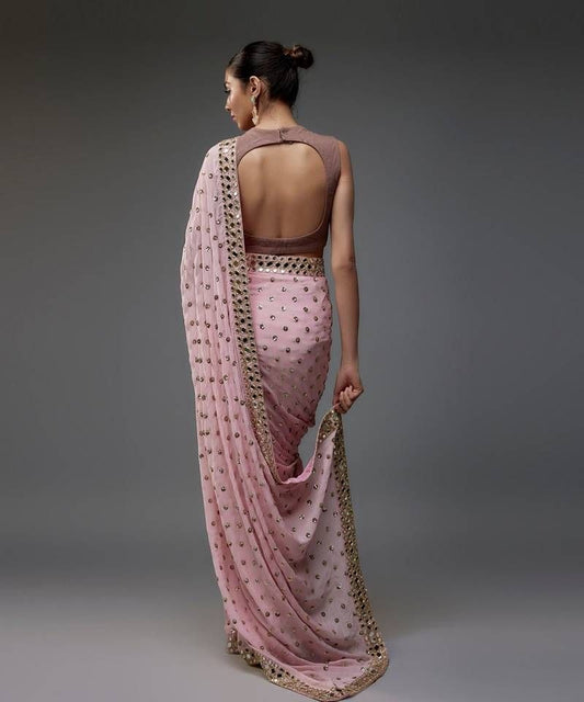 Light Pink Faux Georgette Mirror Sequins Work Saree