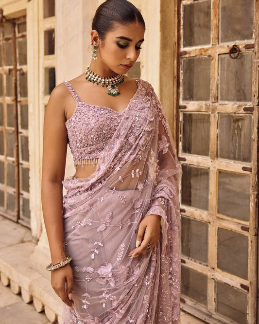 Pink Mono Net Sequins Saree