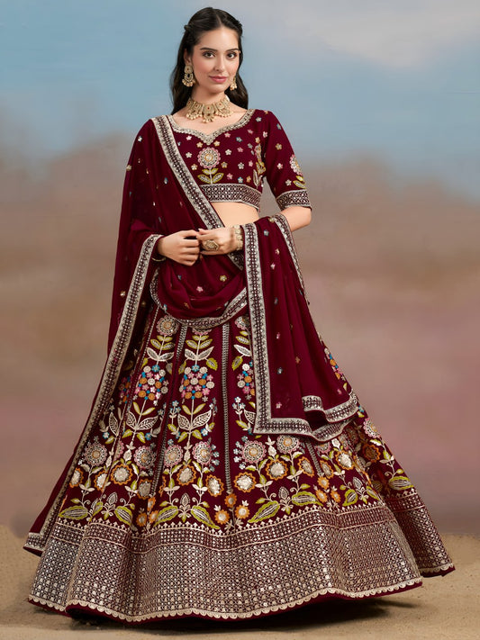 Maroon Georgette Multicolor Embroidered Lehenga with Cancan