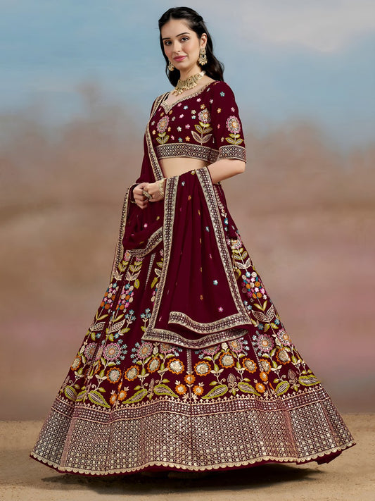 Maroon Georgette Multicolor Embroidered Lehenga with Cancan
