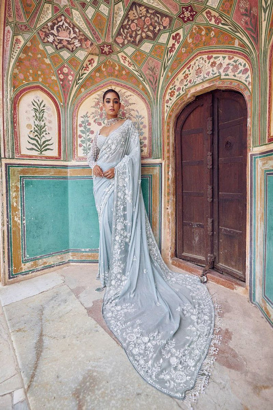 Graceful Sky Blue Faux Georgette Embroidery Work Saree