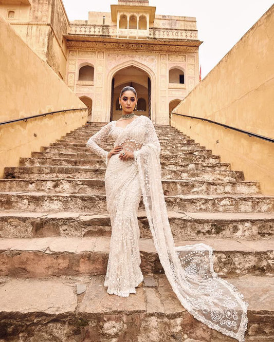 White Butterfly Net With Sequins Work Saree