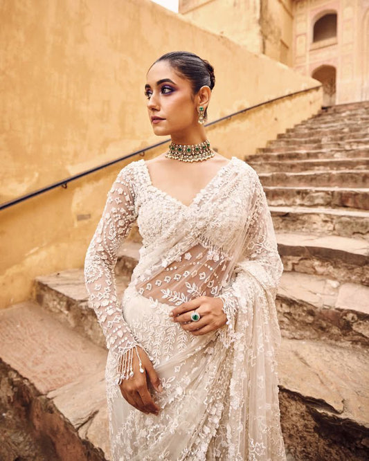 White Butterfly Net With Sequins Work Saree