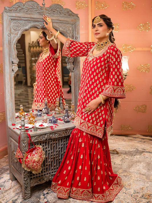 Chinon Embroidered Sharara Set with Patchwork Dupatta