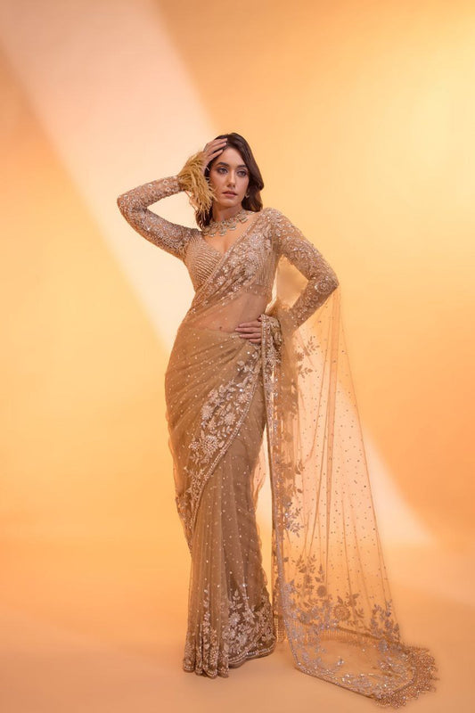 Unique Gold Butterfly Net Sequence Work Saree