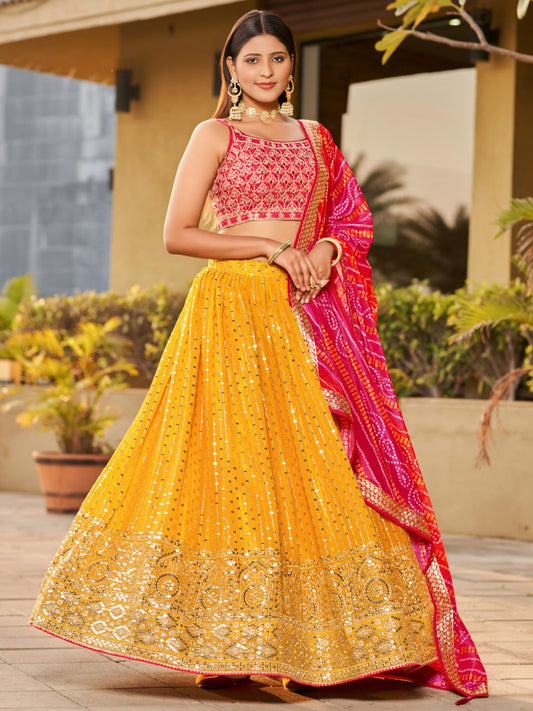 Mustard Georgette Mirror Work Lehenga Set with Pink Bandhani Dupatta
