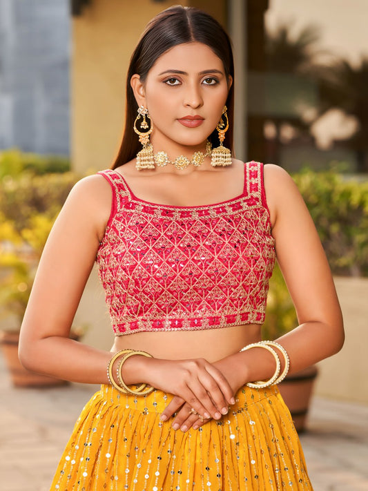 Mustard Georgette Mirror Work Lehenga Set with Pink Bandhani Dupatta