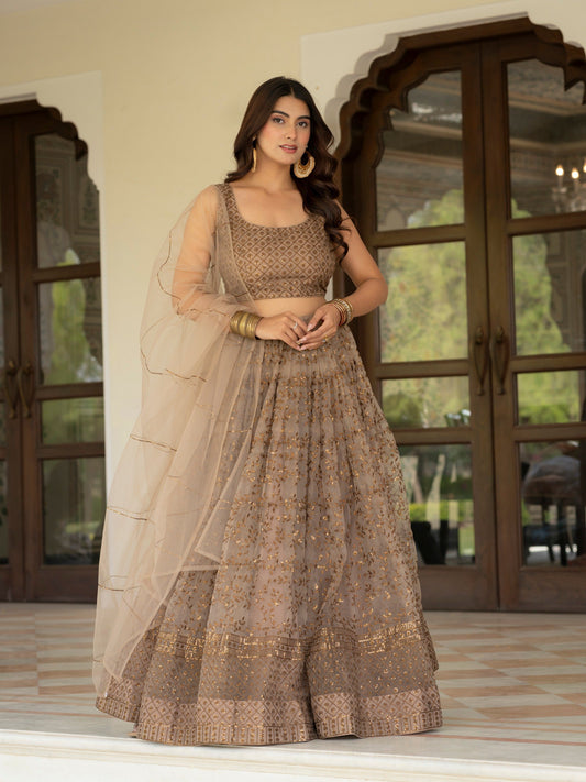 Designer Net Zari Sequence Embroidered Lehenga Set