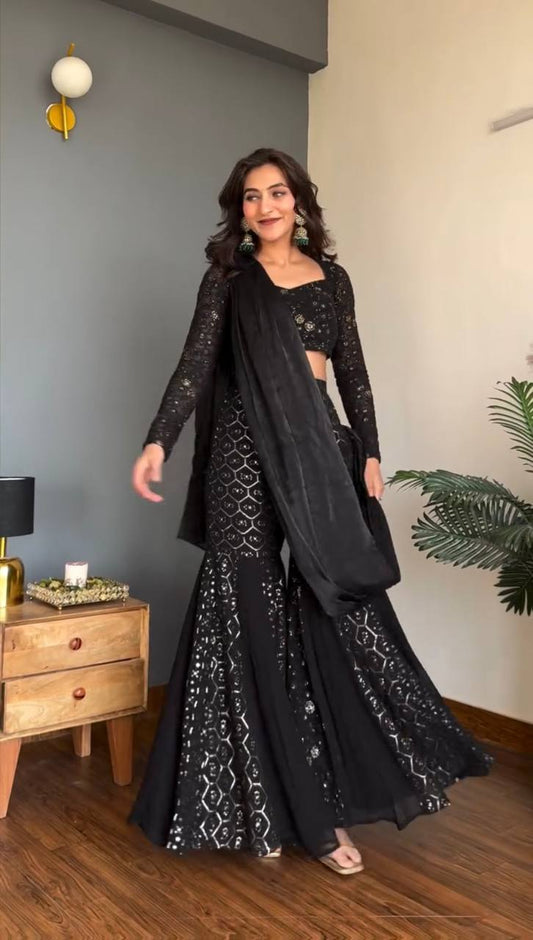 Faux Georgette Sequence Sharara Set