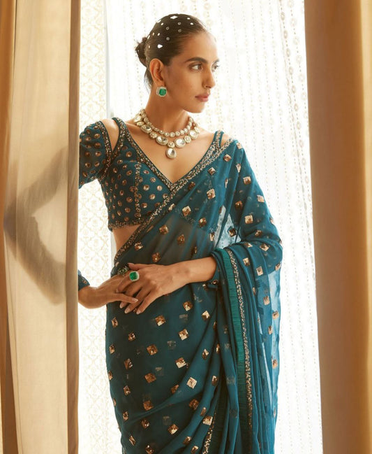 Teal Faux Georgette Embroidery Sequins Work Saree