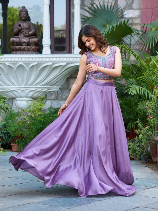 Vichitra Silk Multi-Sequence Embroidered 3-Piece Lehenga & Koti Set