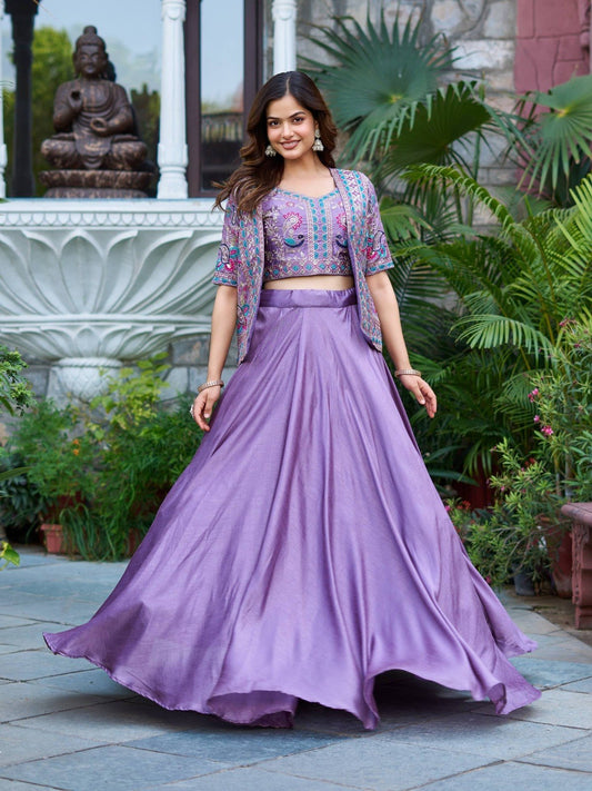 Vichitra Silk Multi-Sequence Embroidered 3-Piece Lehenga & Koti Set