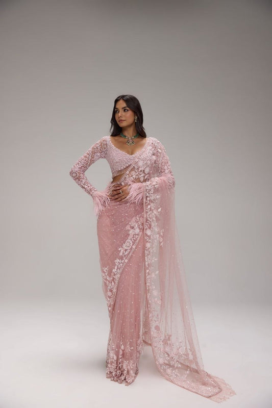 Pink Embroidered Net Saree with Unstitched Blouse