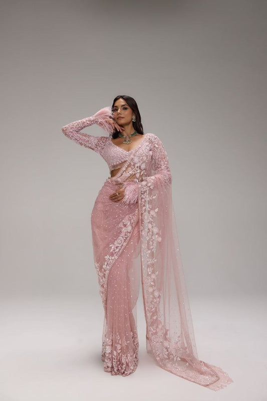 Pink Embroidered Net Saree with Unstitched Blouse