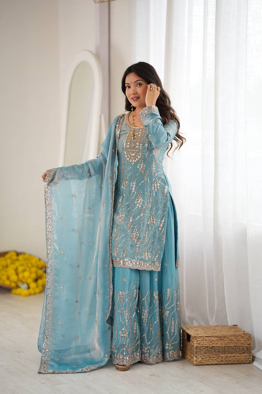 Premium Fandy Silk Beads & Sequence Embroidered 3-Piece Sharara Set