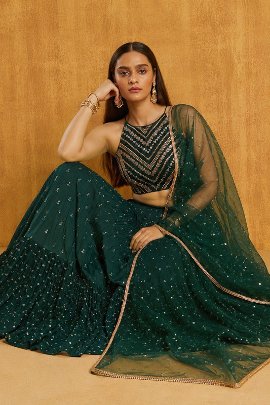 Georgette Zari & Sequence Embroidered Semi-Stitched Lehenga Set