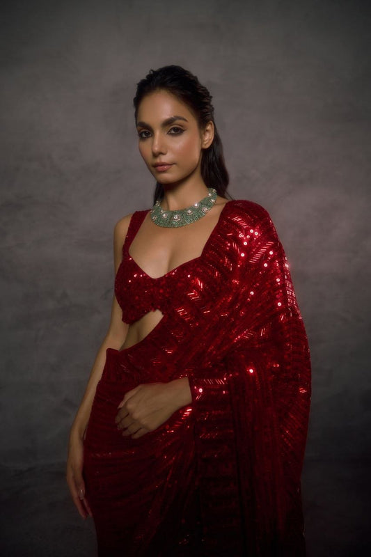 Designer Red Sequins Embroidery Saree