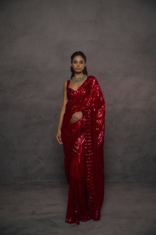 Designer Red Sequins Embroidery Saree