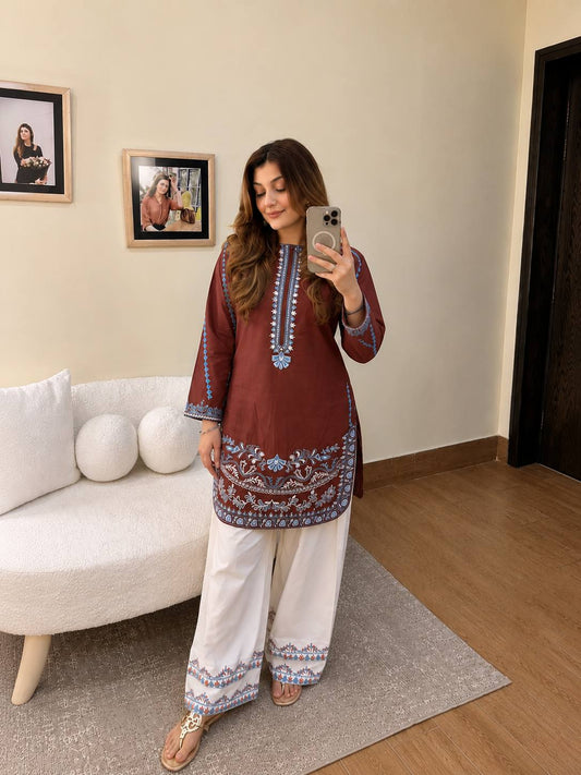 Crepe and Rayon Thread Embroidered Plazzo Set