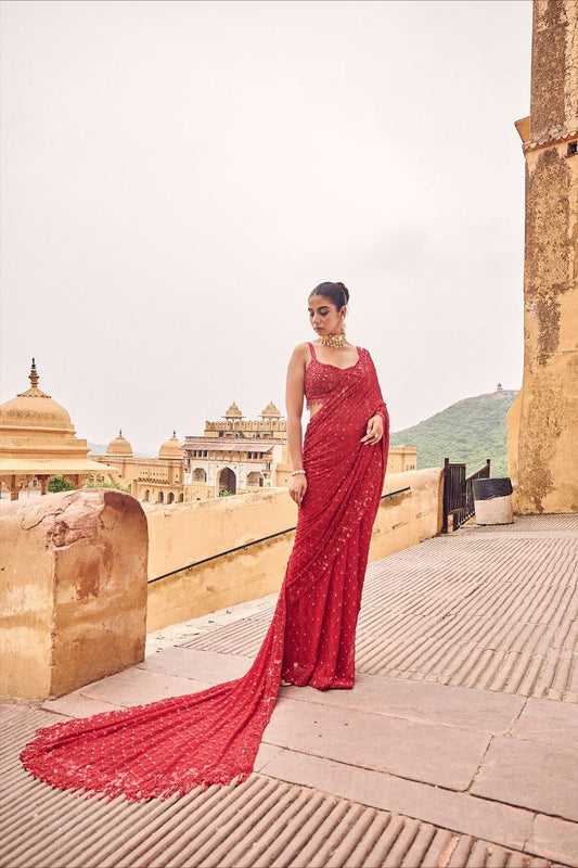 Red Sequin Embroidered Designer Saree with Unstitched Blouse