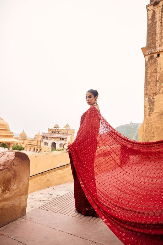 Red Sequin Embroidered Designer Saree with Unstitched Blouse