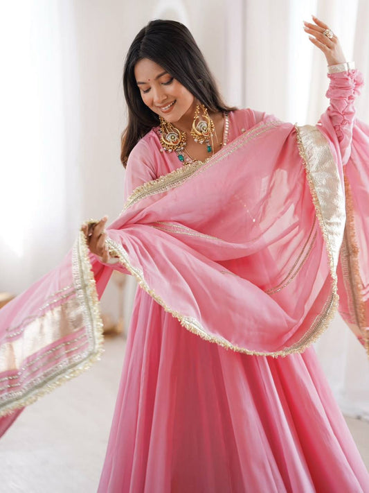 Tabby Organza Silk Mirror Work Anarkali Lehenga Set