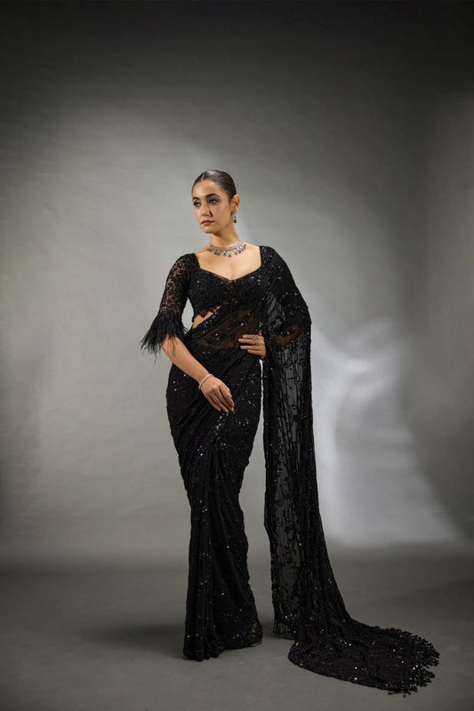 Black Embroidery Faux Georgette Saree with Blouse