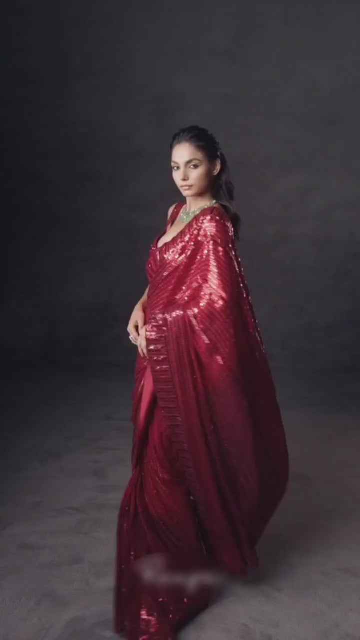Designer Red Sequins Embroidery Saree