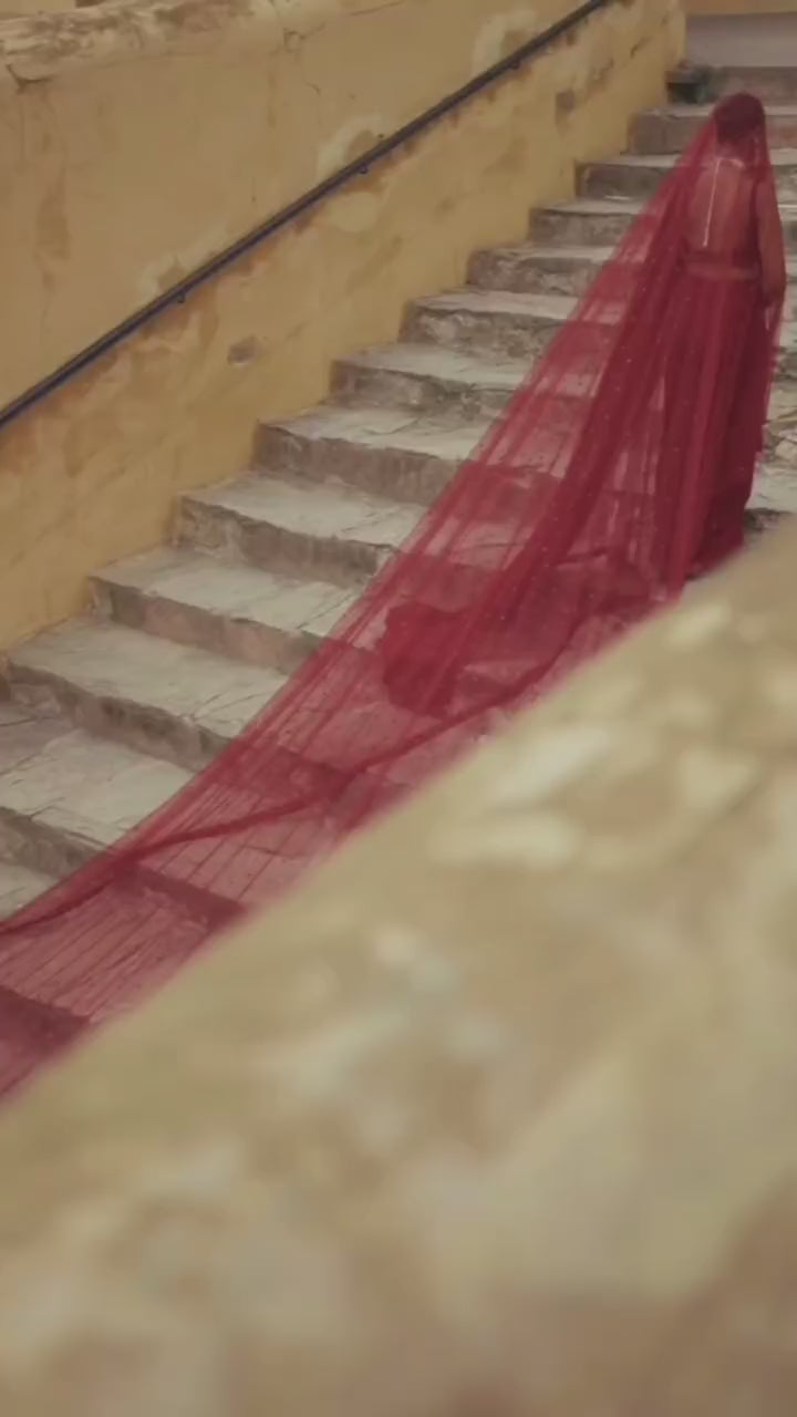 Red Sequin Embroidered Designer Saree with Unstitched Blouse