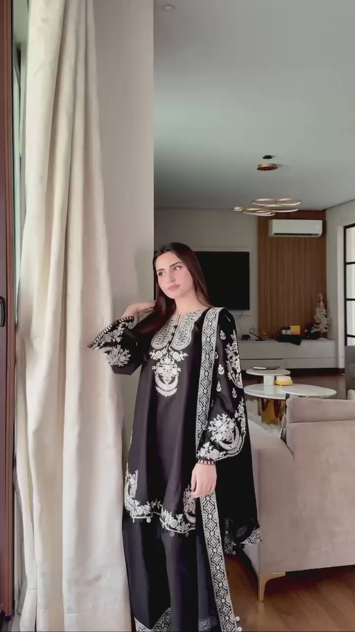 Crepe Embroidered Kurti Plazzo with Pompom Lace