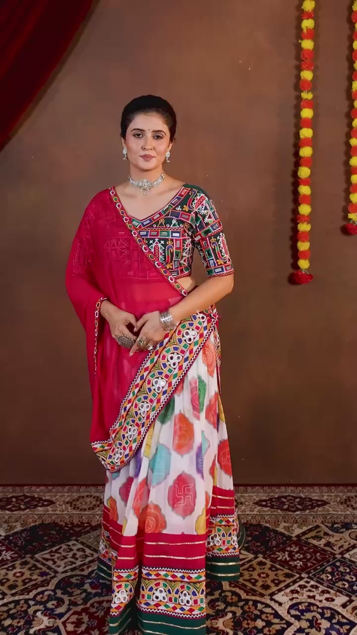 Elegant Navratri Printed Faux Georgette Lehenga Choli with Mirror Work & Embroidered Dupatta