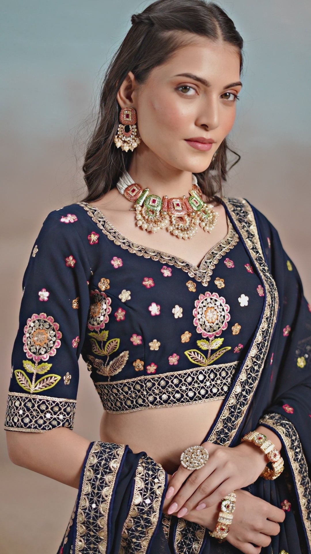 Maroon Georgette Multicolor Embroidered Lehenga with Cancan