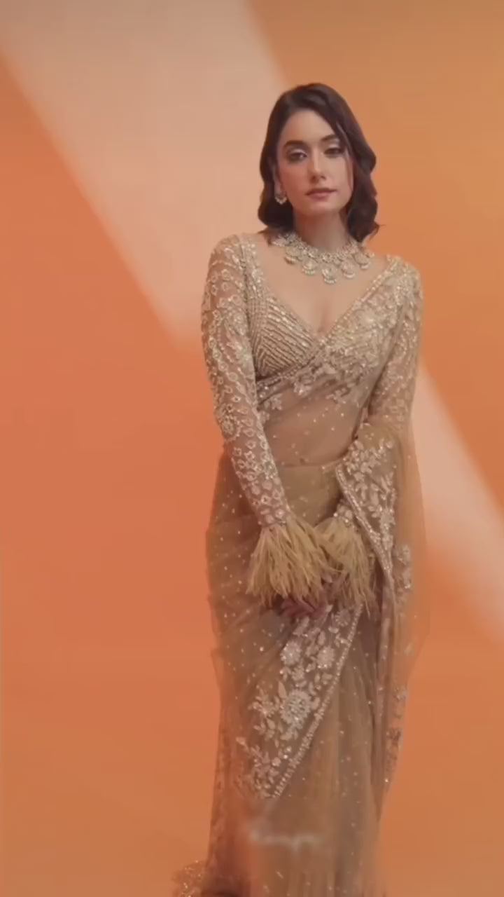 Unique Gold Butterfly Net Sequence Work Saree