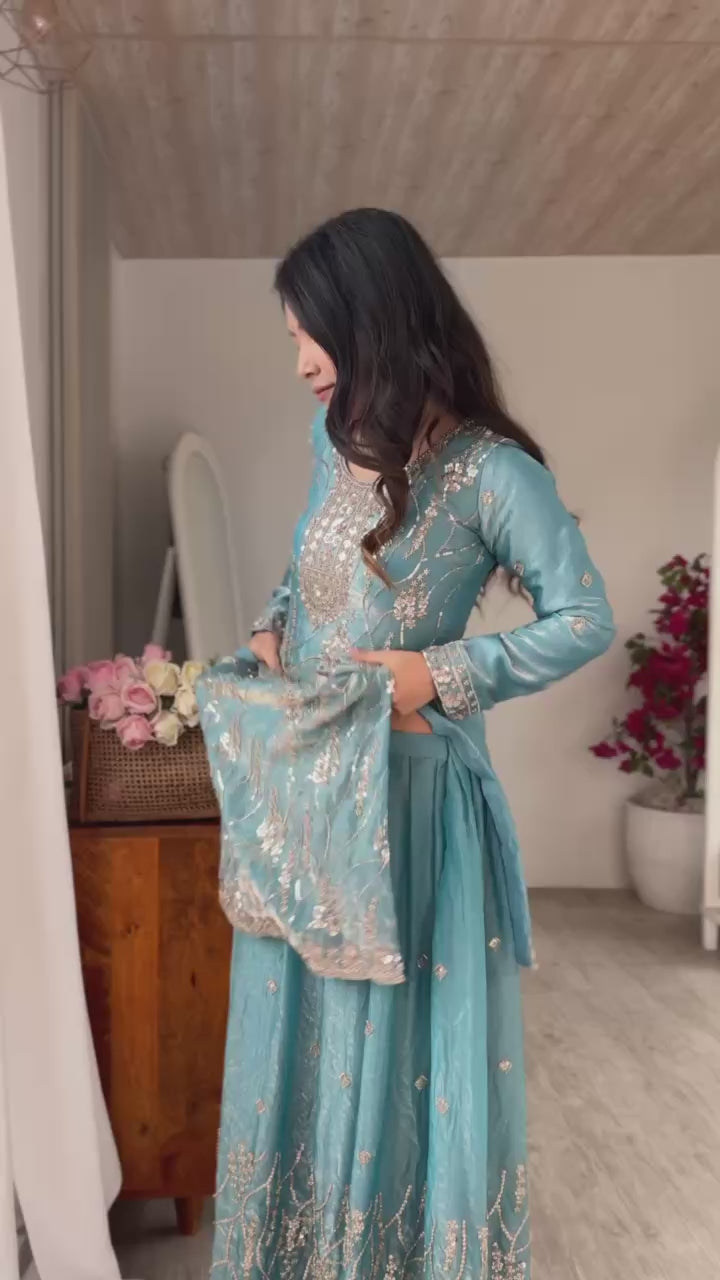 Premium Fandy Silk Beads & Sequence Embroidered 3-Piece Sharara Set
