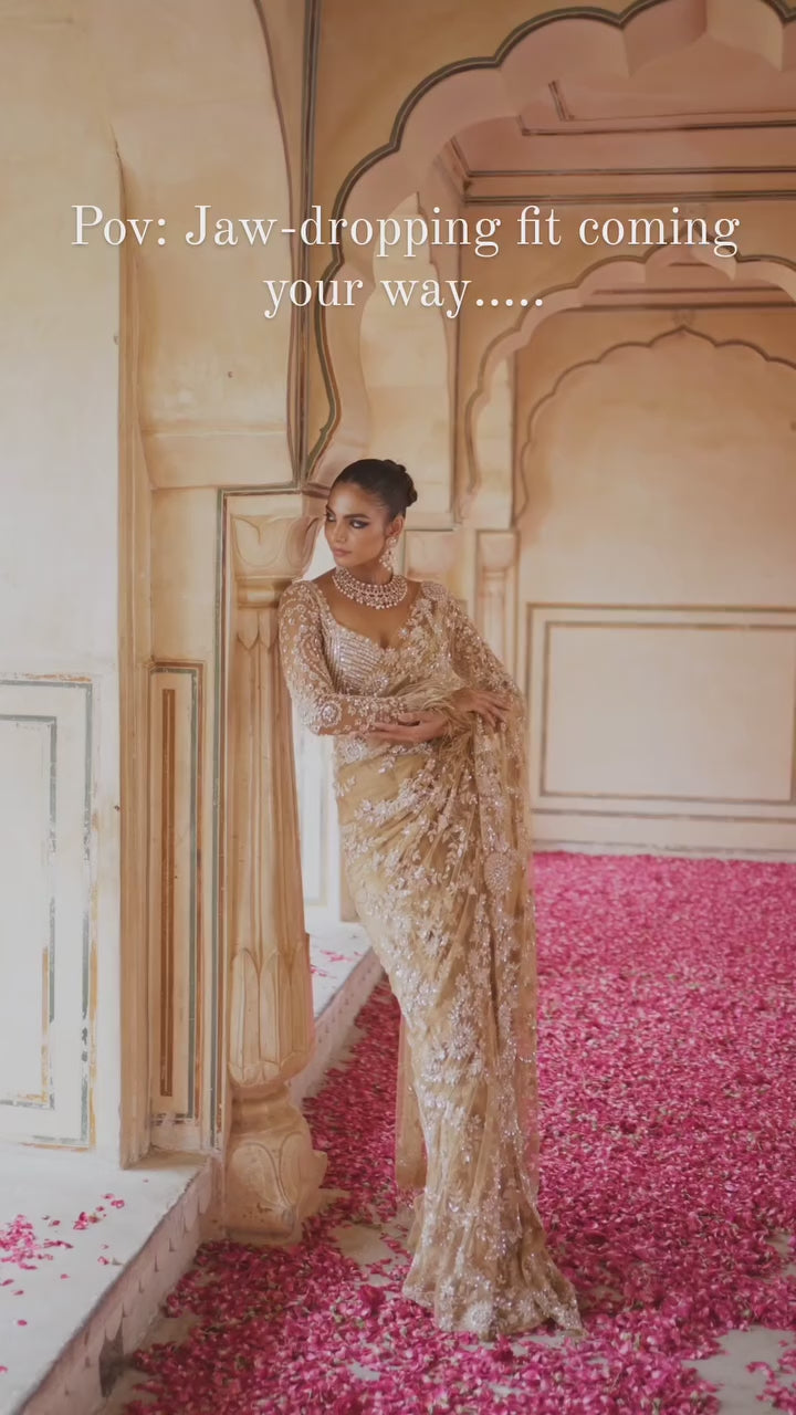 Flower Design Golden Colour Sequence Saree