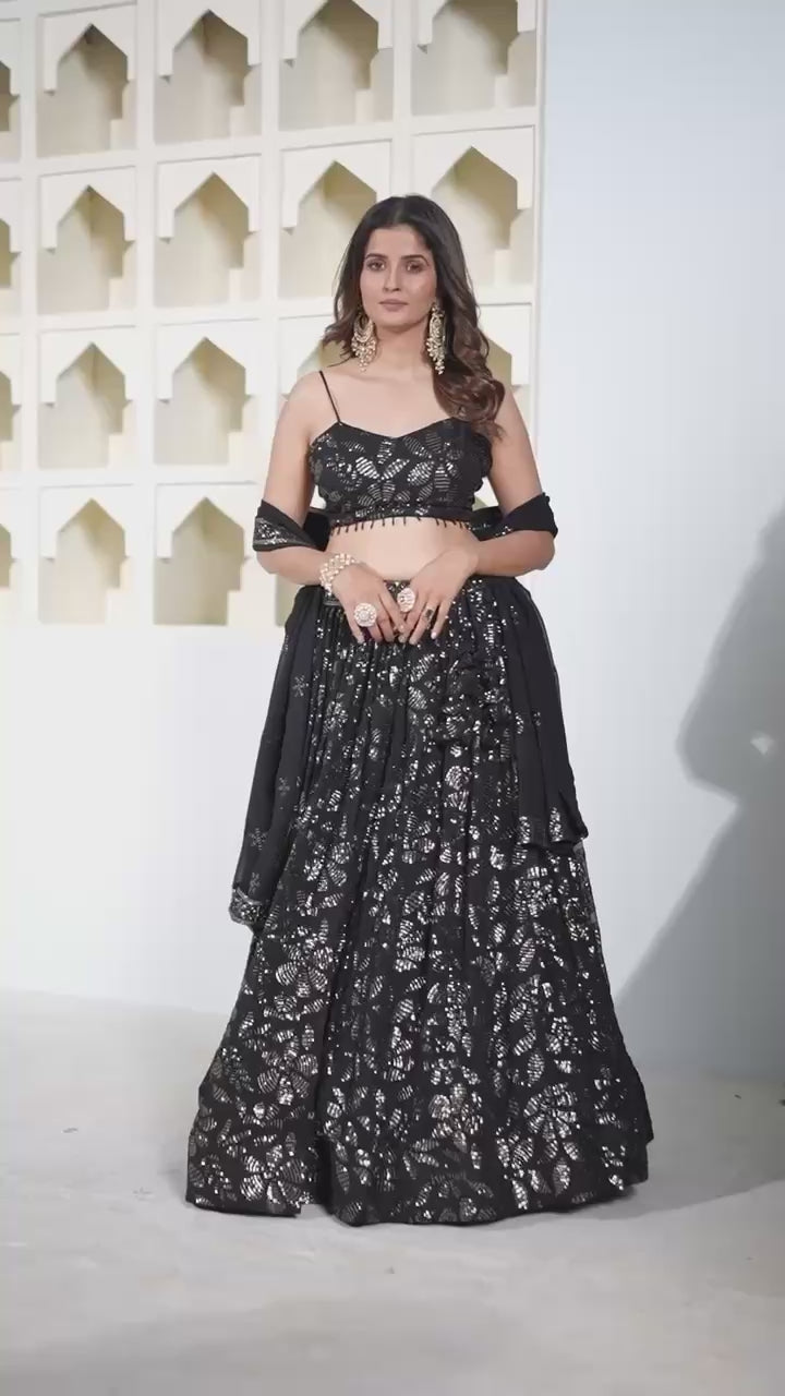 Elegant Black Faux Blooming Sequin Embroidered Lehenga Set