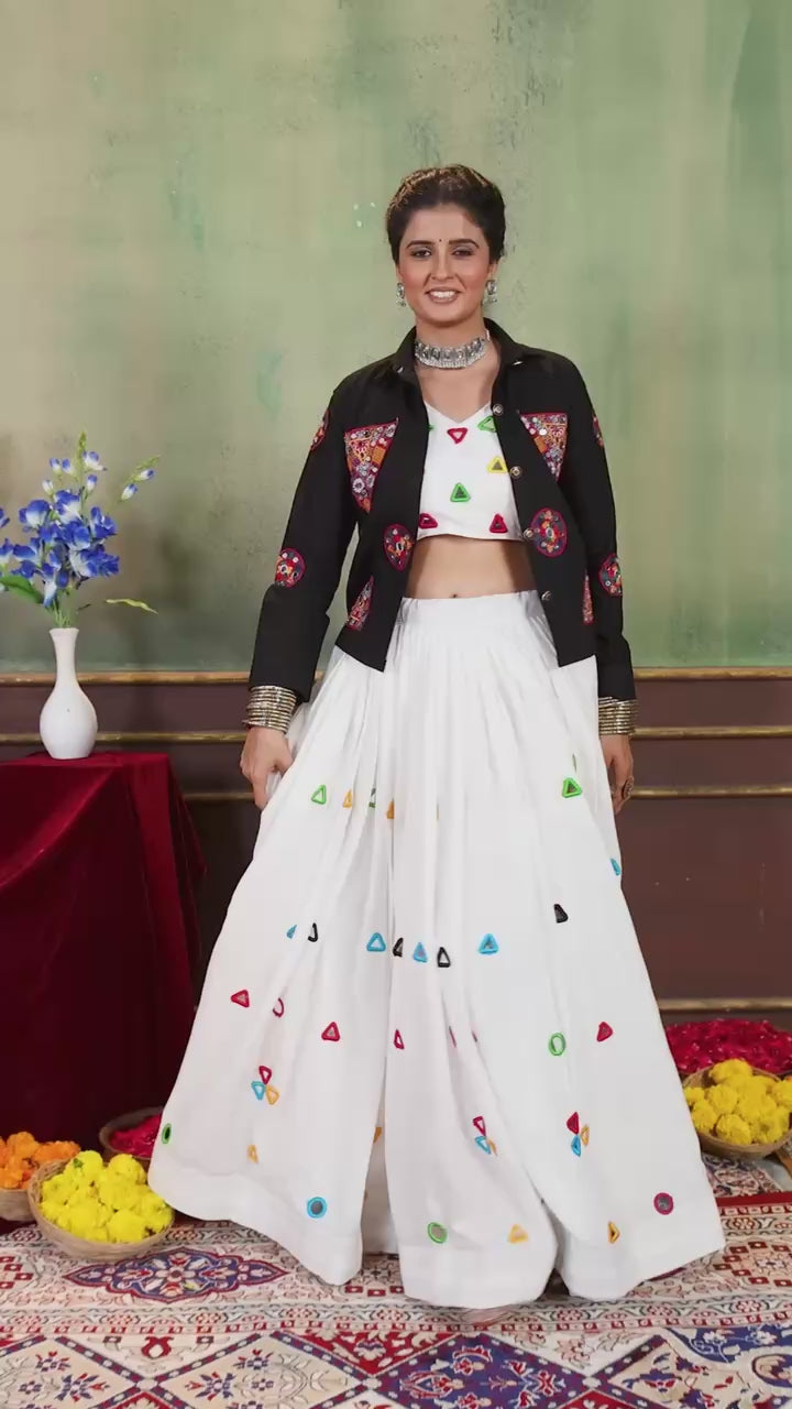 Gamthi Butta Denim Jacket Rayon Cotton Lehenga Choli