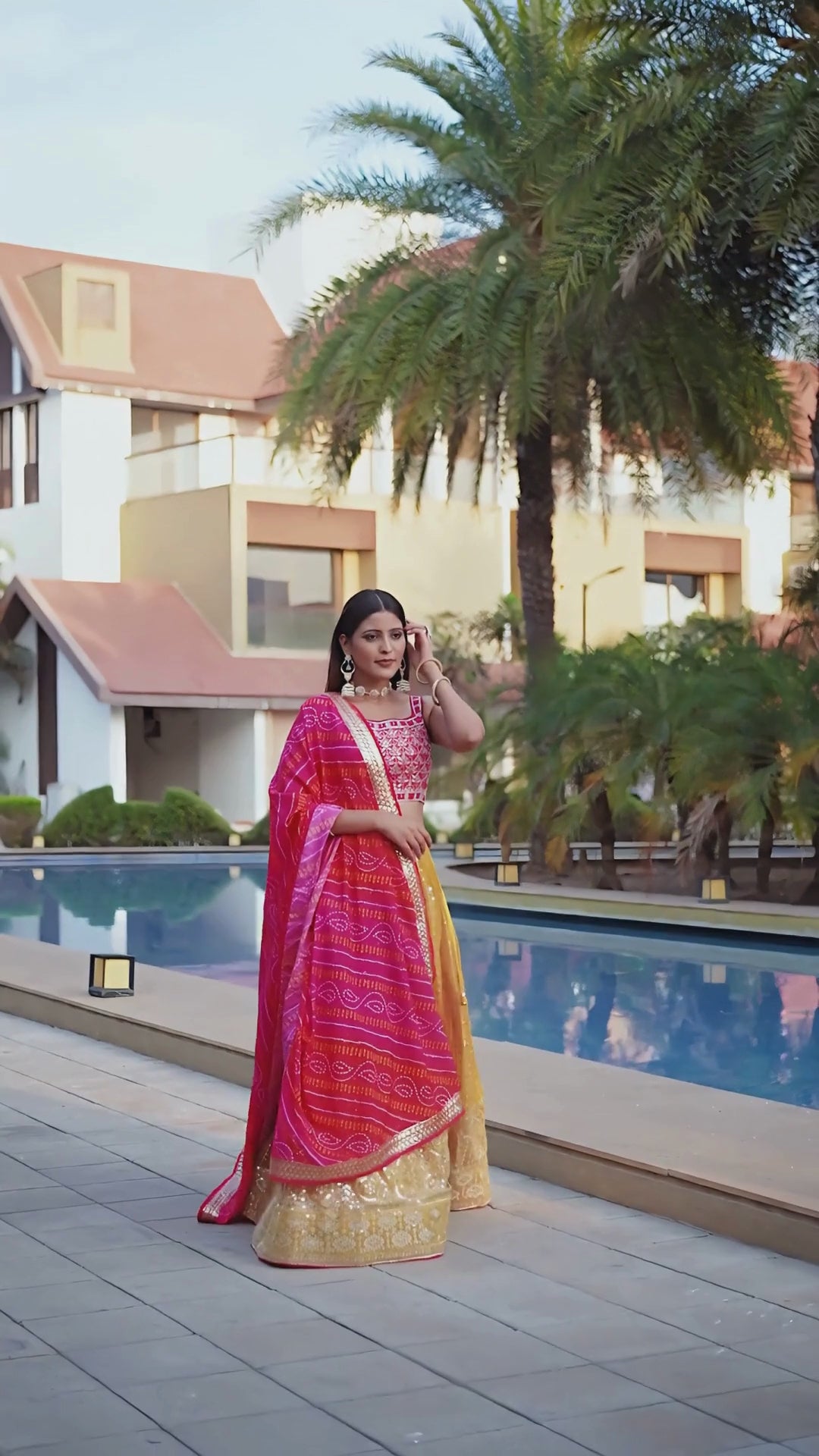 Mustard Georgette Mirror Work Lehenga Set with Pink Bandhani Dupatta