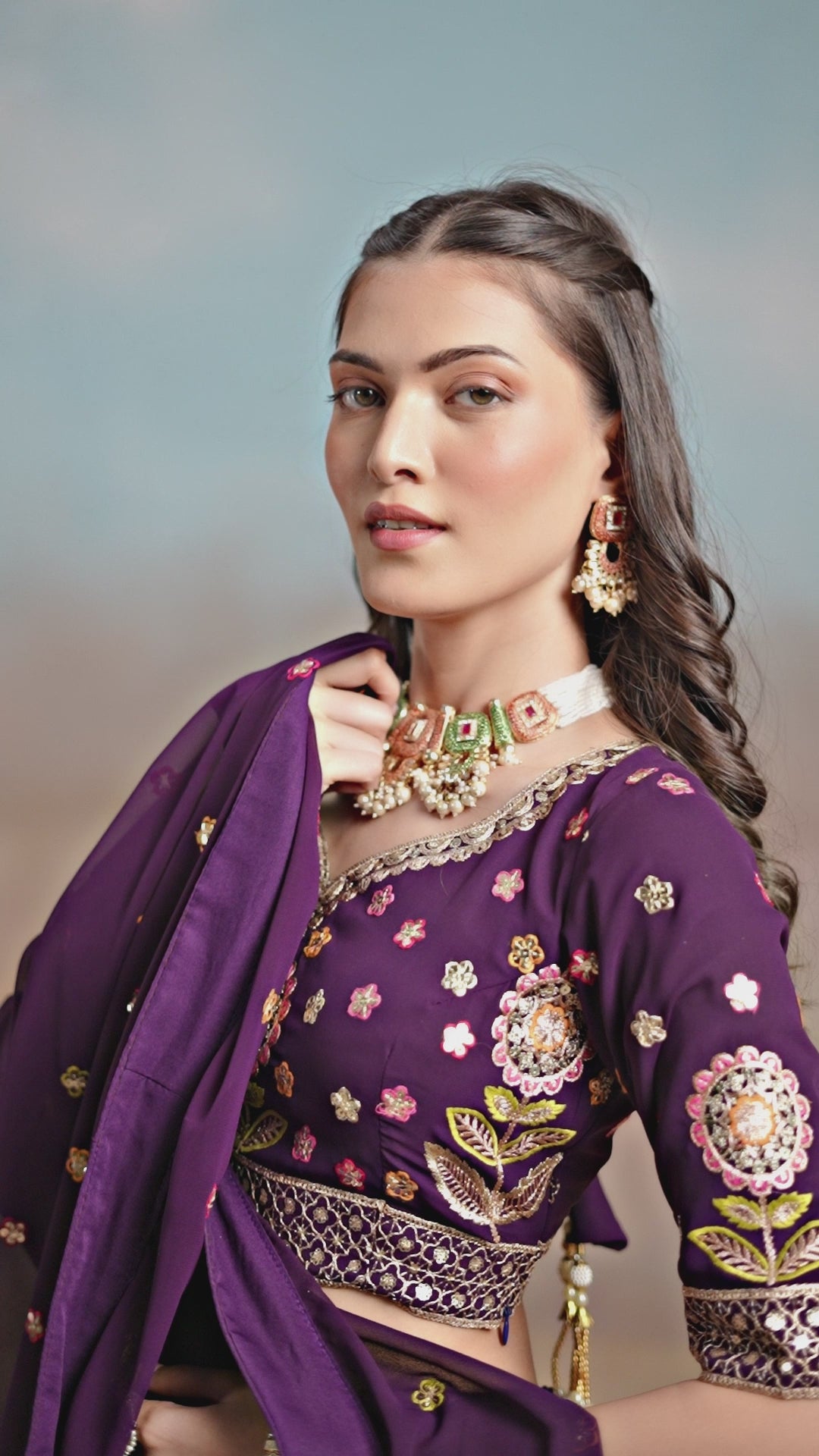 Maroon Georgette Multicolor Embroidered Lehenga with Cancan