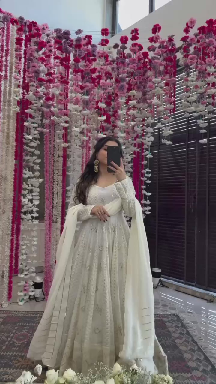 Glamorous Off White Anarkali With Dupatta