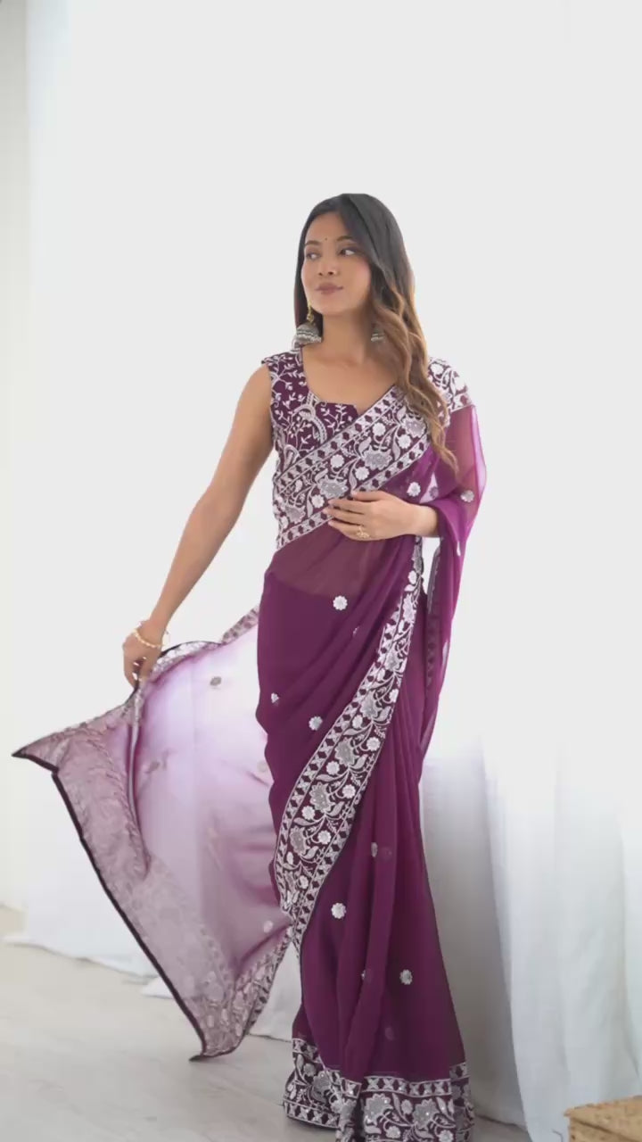 Elegant Faux Georgette Thread Embroidery Designer Saree
